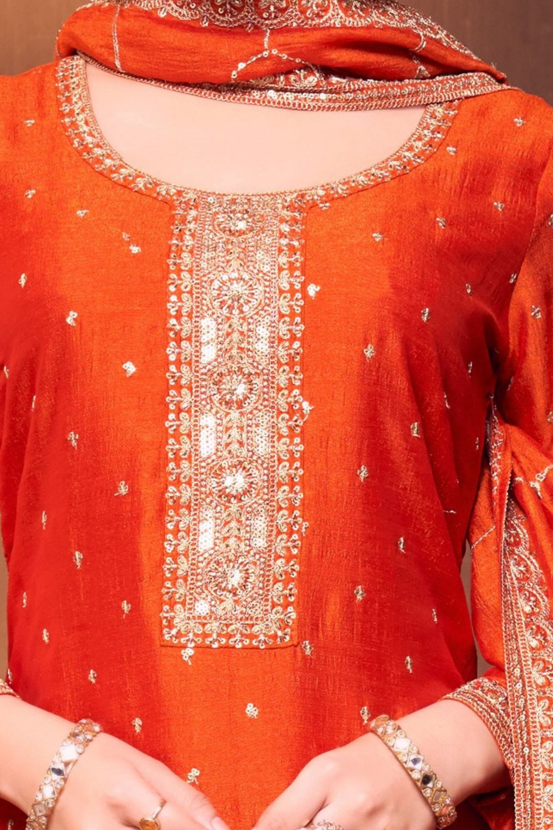 Orange Sequins, Zari and Beads work Straight Cut Salwar Suit