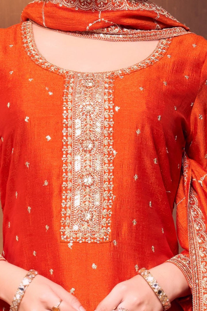 Orange Sequins, Zari and Beads work Straight Cut Salwar Suit
