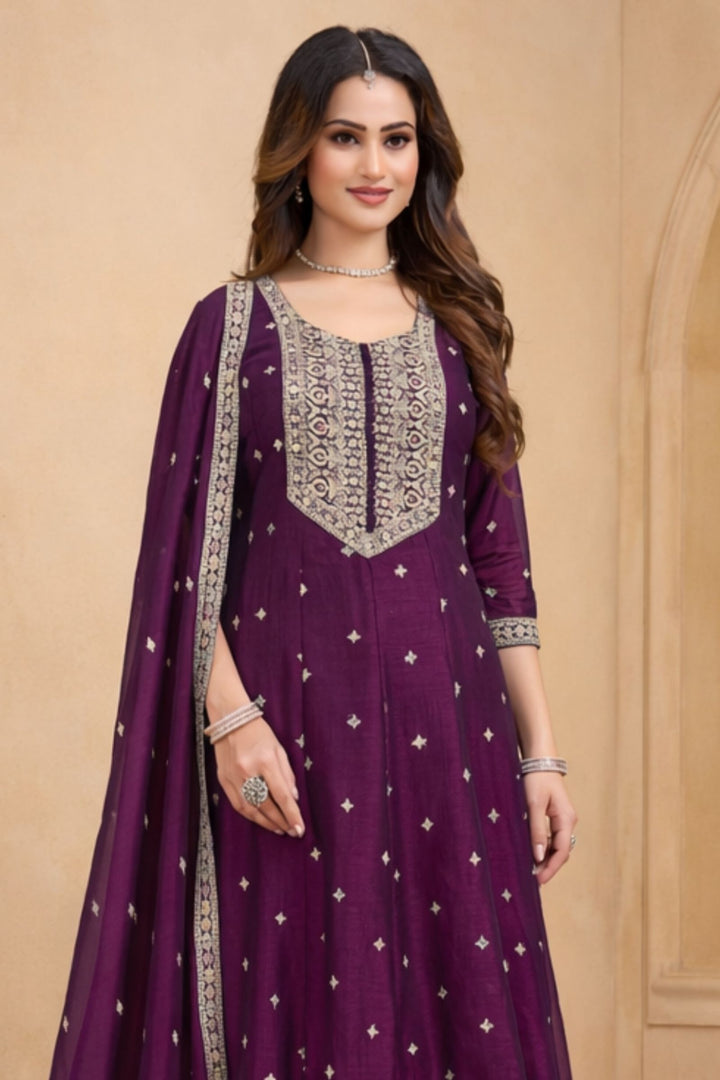 Wine Sequins, Zari and Multicolor Thread work Anarkali Style Salwar