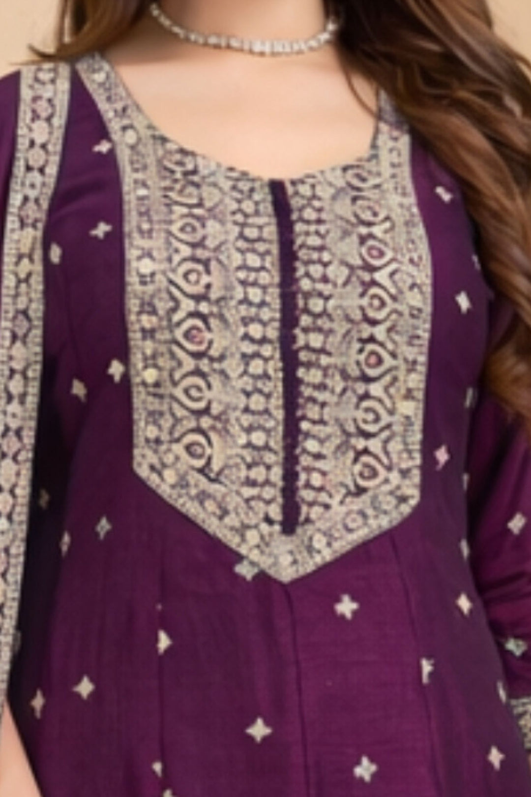 Wine Sequins, Zari and Multicolor Thread work Anarkali Style Salwar