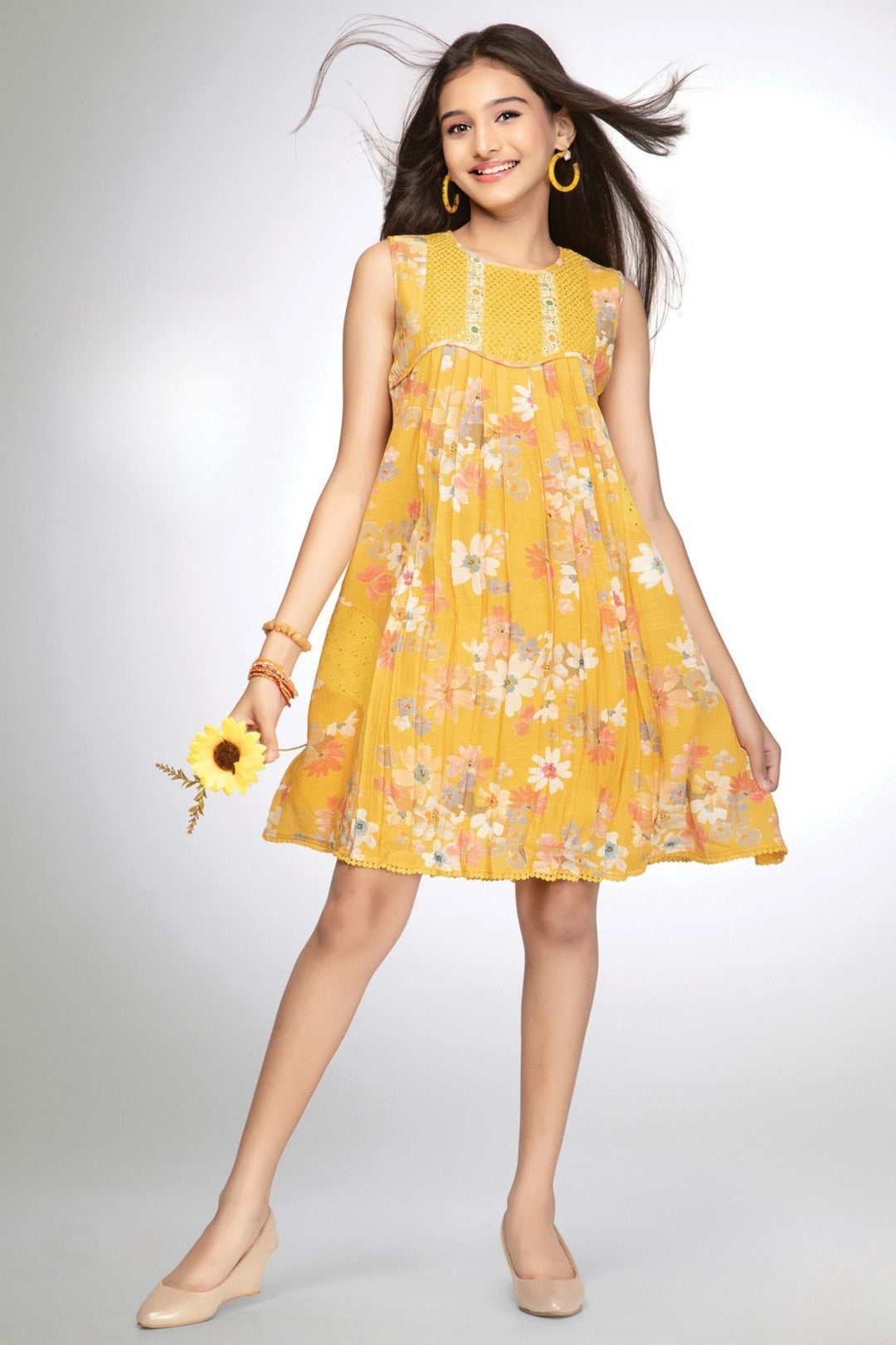 Girls Pleated Floral Casual Frock with Sequin Yoke