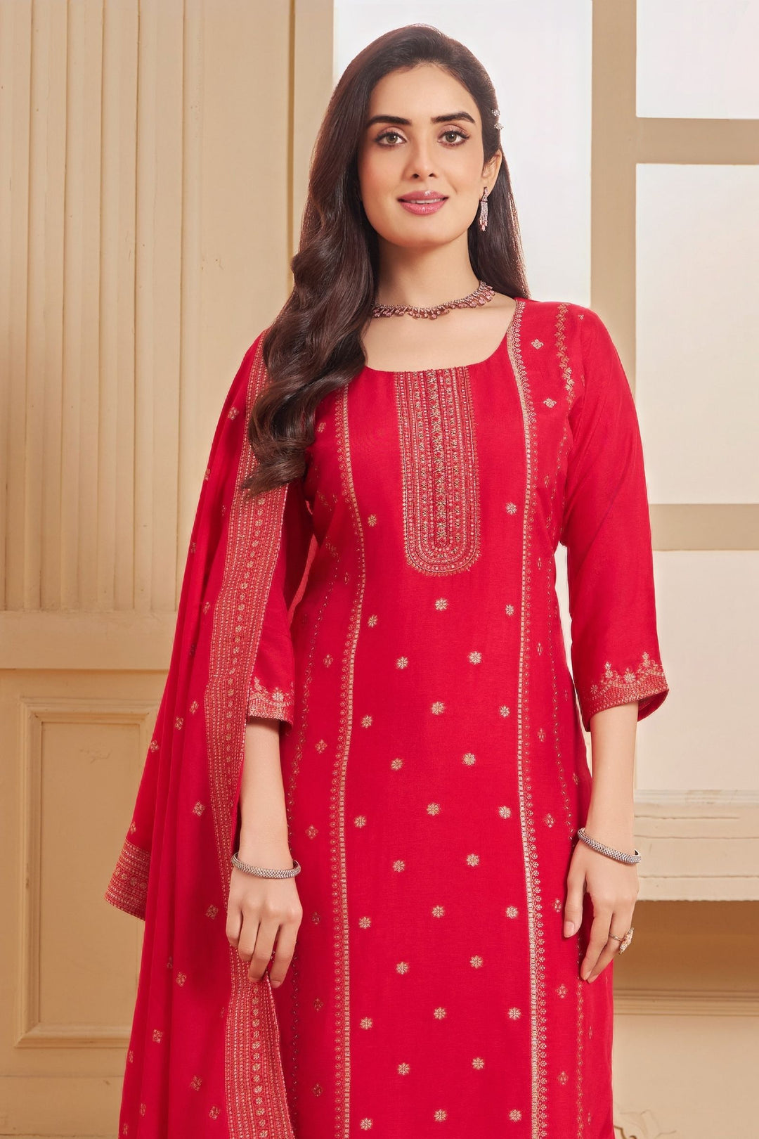 Red Banaras, Beads, Sequins, Stone, Zari and Zardozi work Straight Cut Salwar Suit