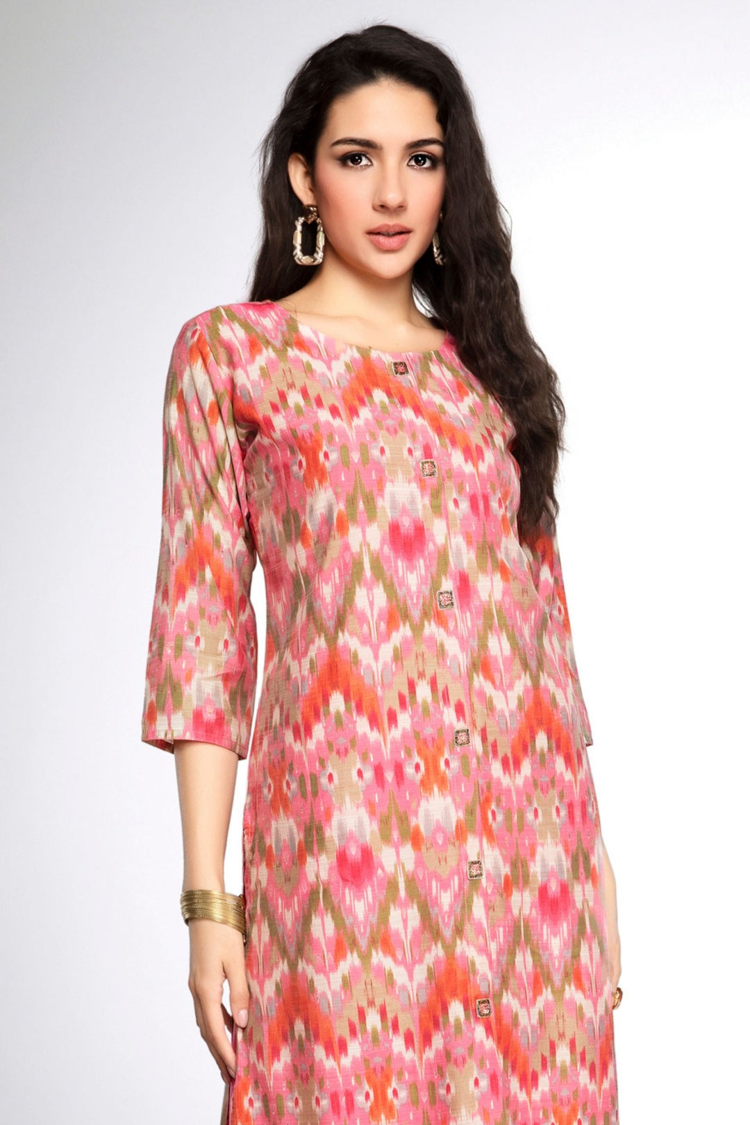 Pink Beads and Sequins work with Multicolor Digital Print A-line Cut Calf Length Kurti