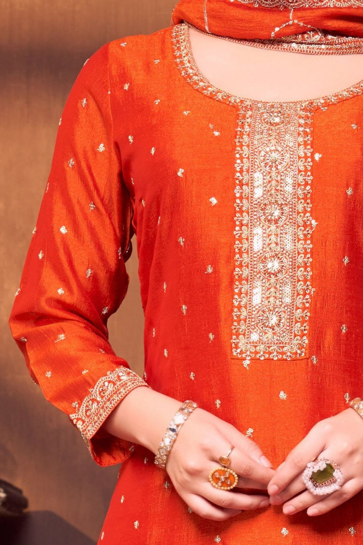 Orange Sequins, Zari and Beads work Straight Cut Salwar Suit