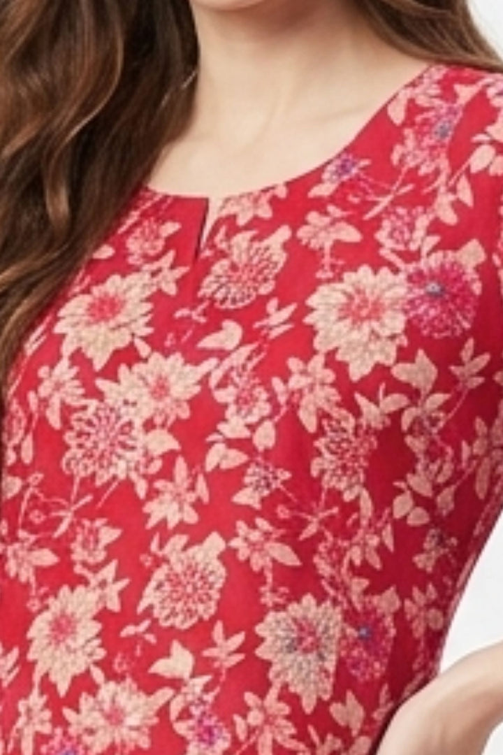Rani Pink Embroidery, Stone and Zari work with Floral Print A-Line Cut Calf Length Kurti