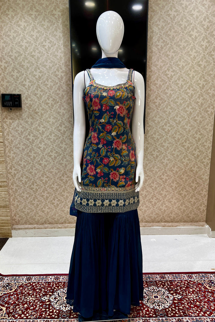 Navy Blue Mirror, Sequins, Beads and Banaras work with Floral Print Sharara Suit Set