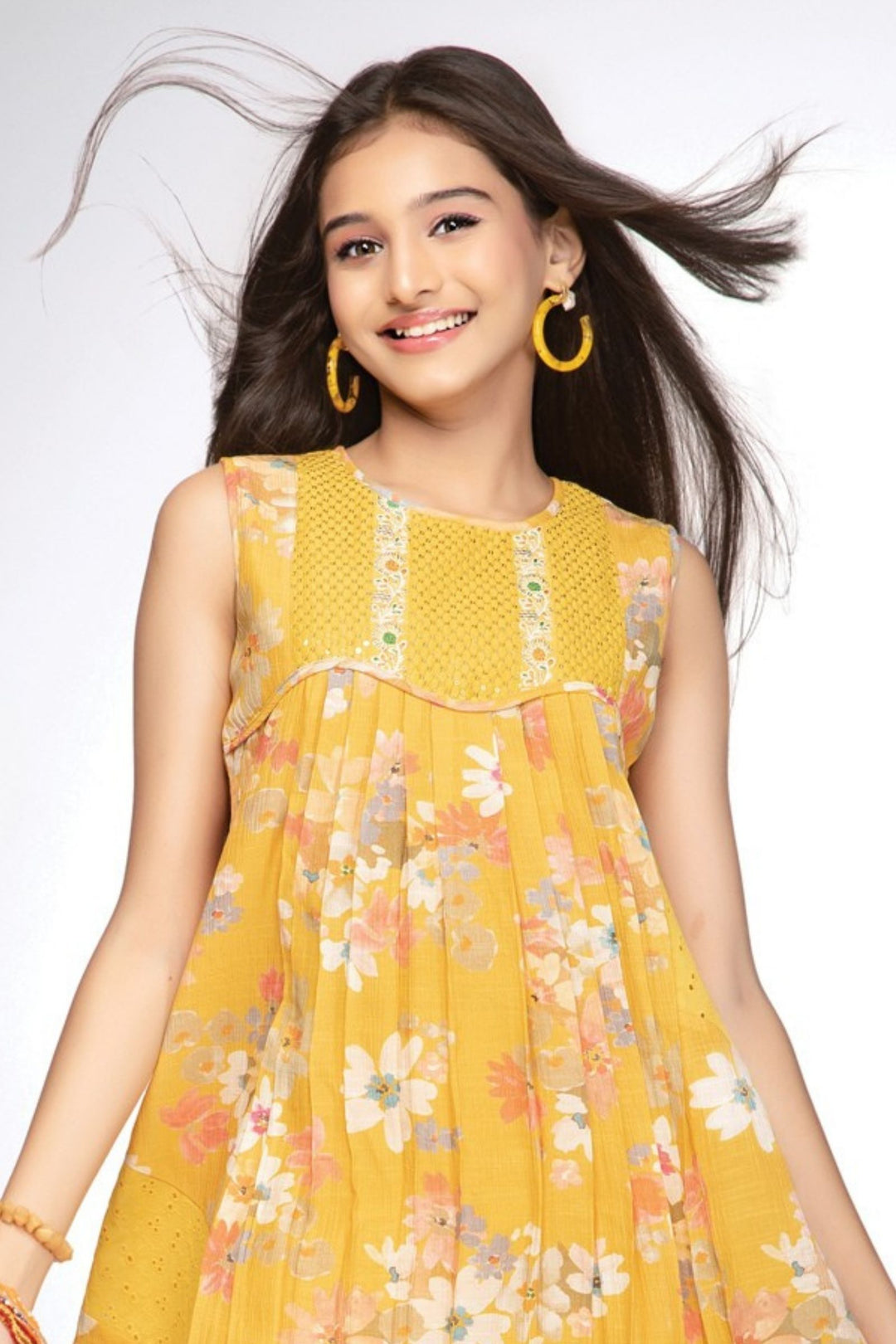 Girls Pleated Floral Casual Frock with Sequin Yoke
