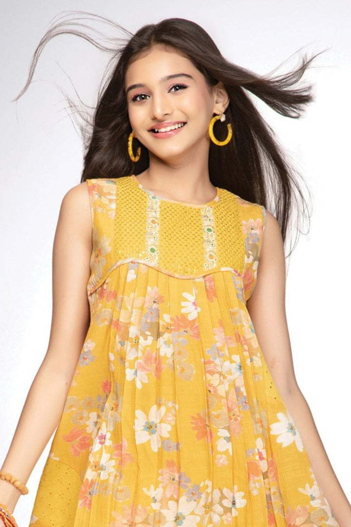 Girls Pleated Floral Casual Frock with Sequin Yoke