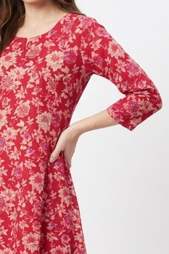 Rani Pink Embroidery, Stone and Zari work with Floral Print A-Line Cut Calf Length Kurti
