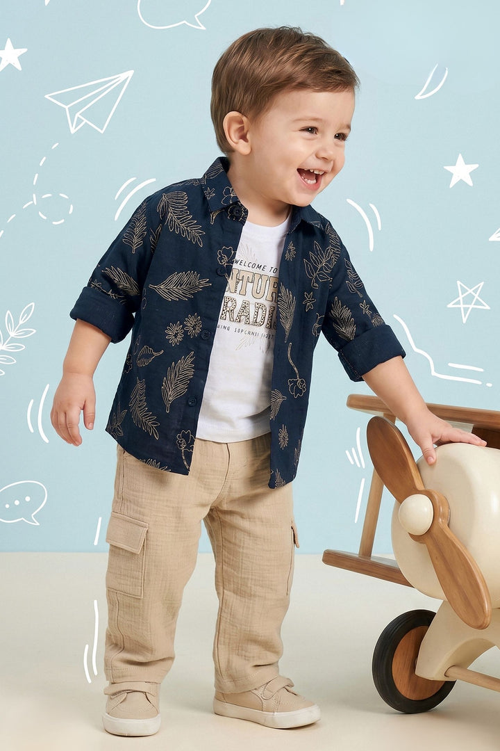 Navy Blue with White Printed Blazer, T-Shirt and Beige Pant Set for Boys