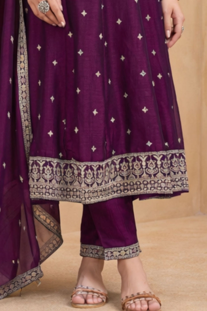 Wine Sequins, Zari and Multicolor Thread work Anarkali Style Salwar