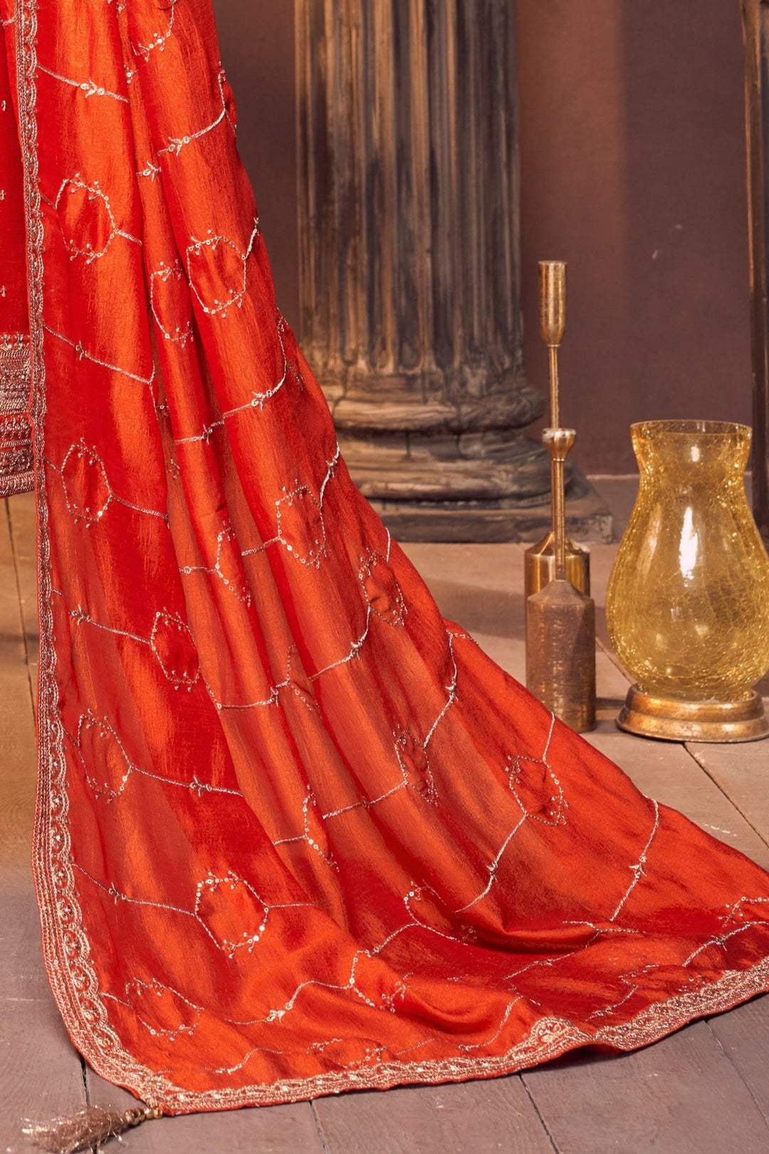 Orange Sequins, Zari and Beads work Straight Cut Salwar Suit