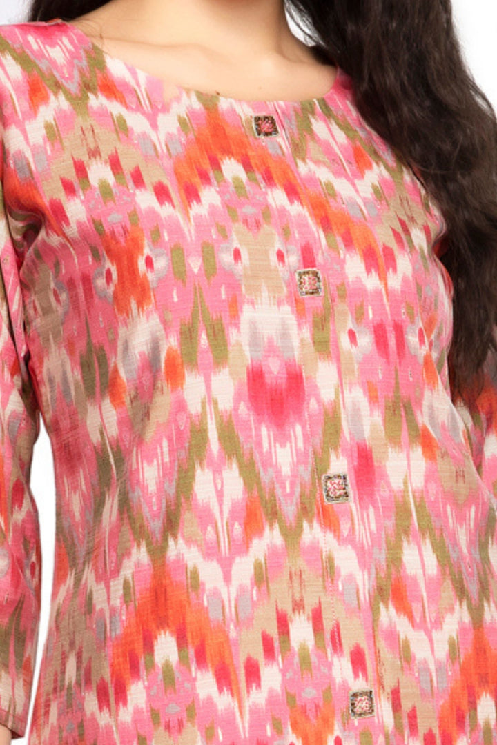 Pink Beads and Sequins work with Multicolor Digital Print A-line Cut Calf Length Kurti