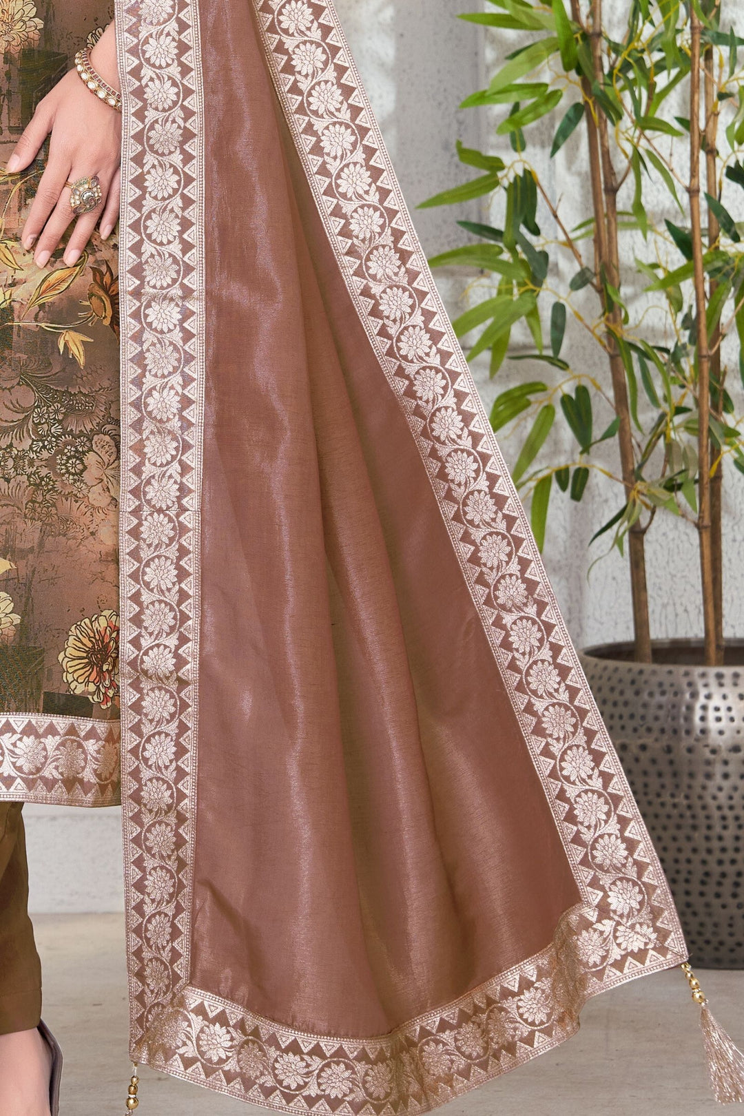 Onion Pink Zardozi, Beads and Thread work with Digital Print Straight Cut Salwar Suit