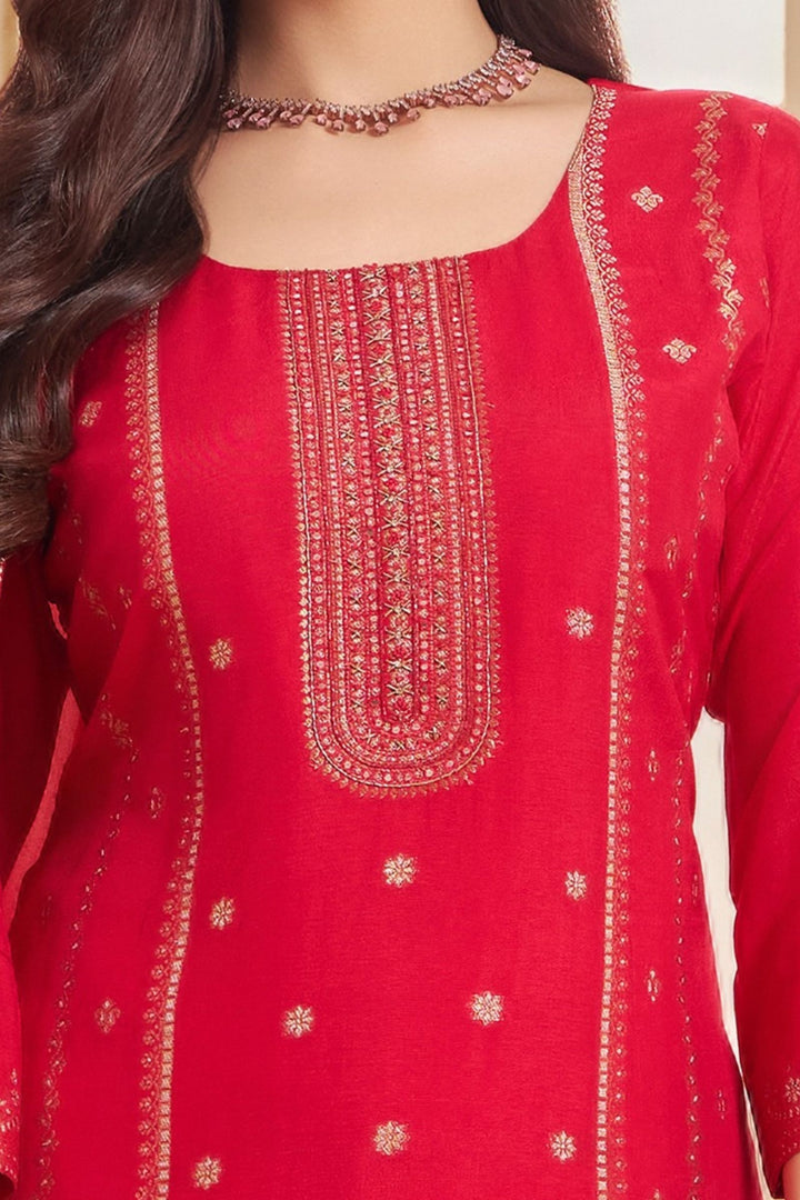 Red Banaras, Beads, Sequins, Stone, Zari and Zardozi work Straight Cut Salwar Suit