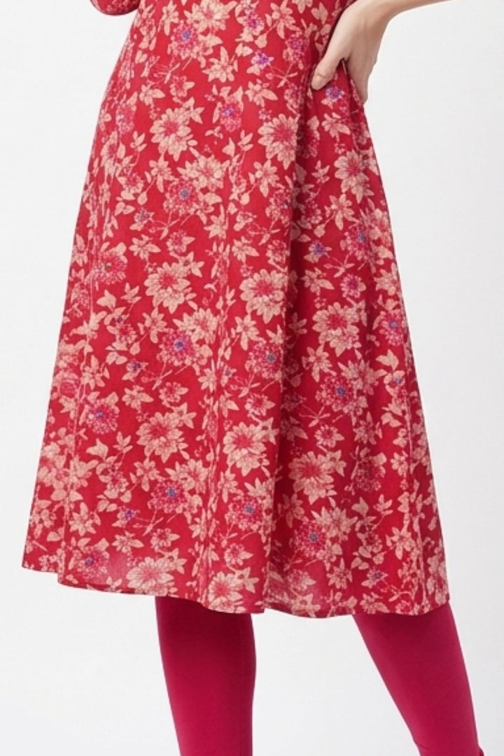 Rani Pink Embroidery, Stone and Zari work with Floral Print A-Line Cut Calf Length Kurti