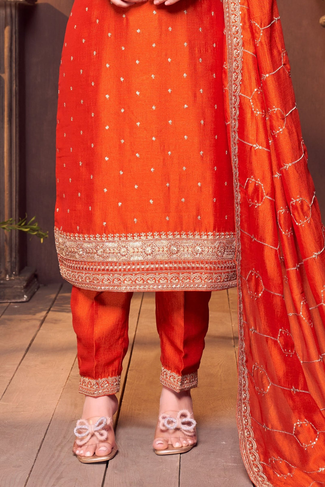 Orange Sequins, Zari and Beads work Straight Cut Salwar Suit