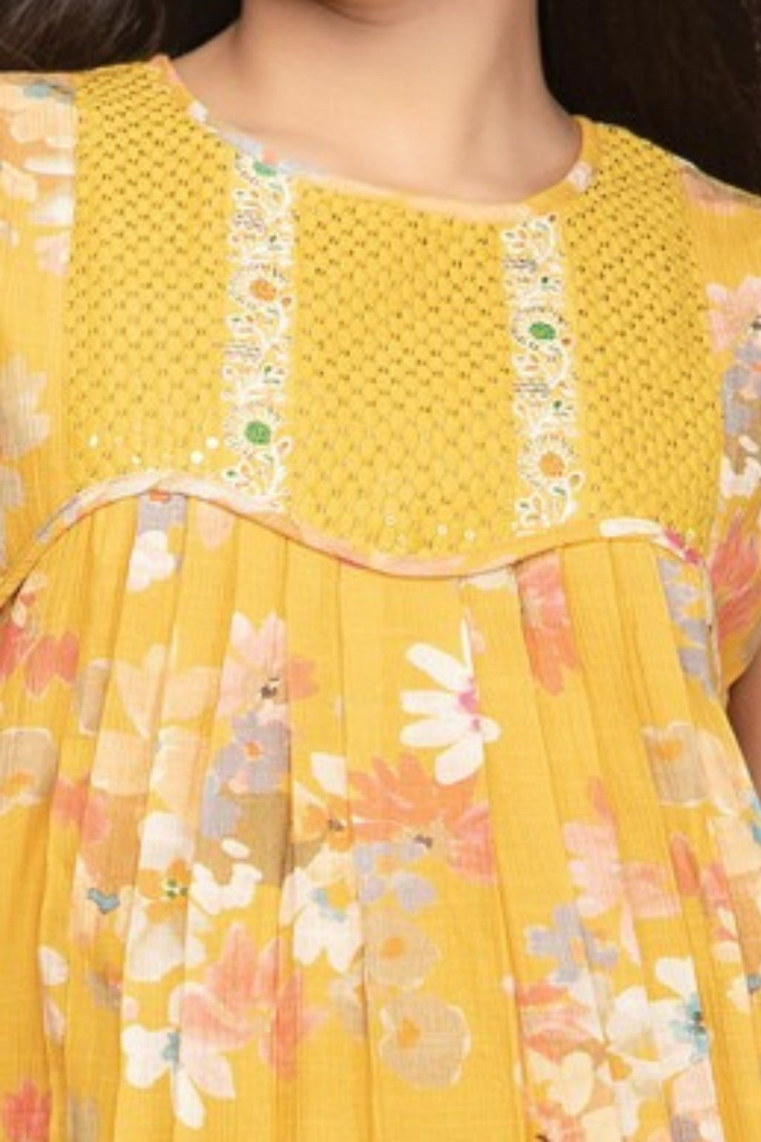 Girls Pleated Floral Casual Frock with Sequin Yoke