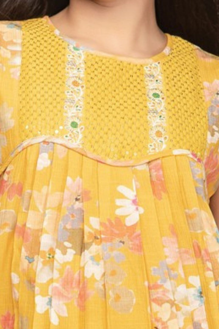 Girls Pleated Floral Casual Frock with Sequin Yoke