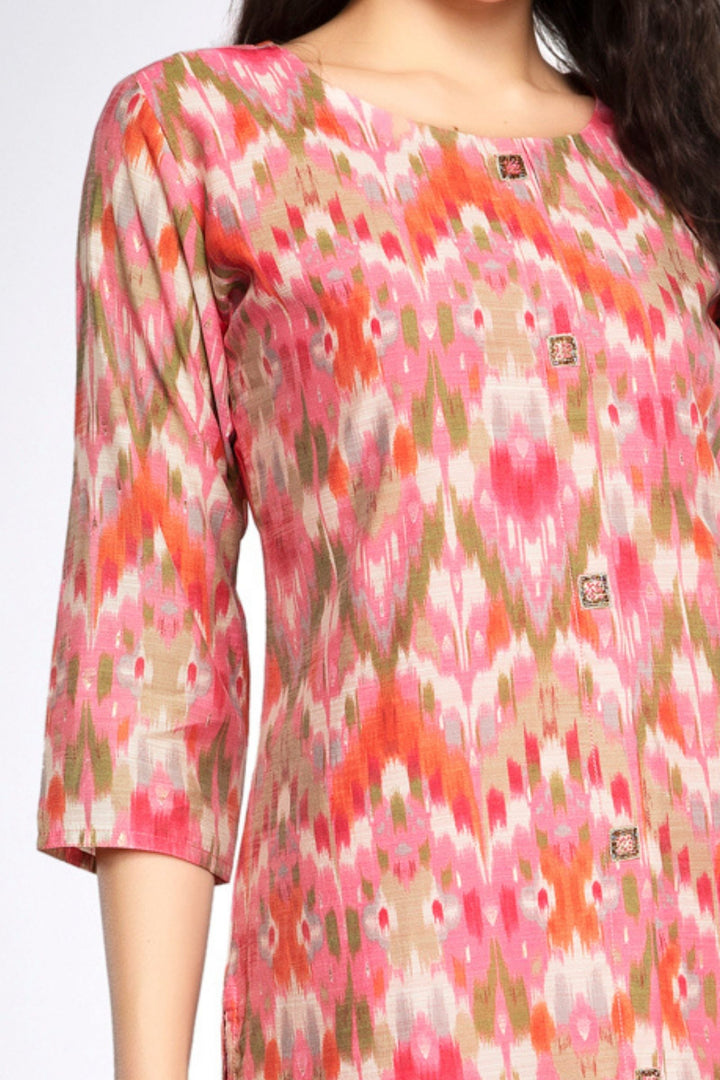 Pink Beads and Sequins work with Multicolor Digital Print A-line Cut Calf Length Kurti