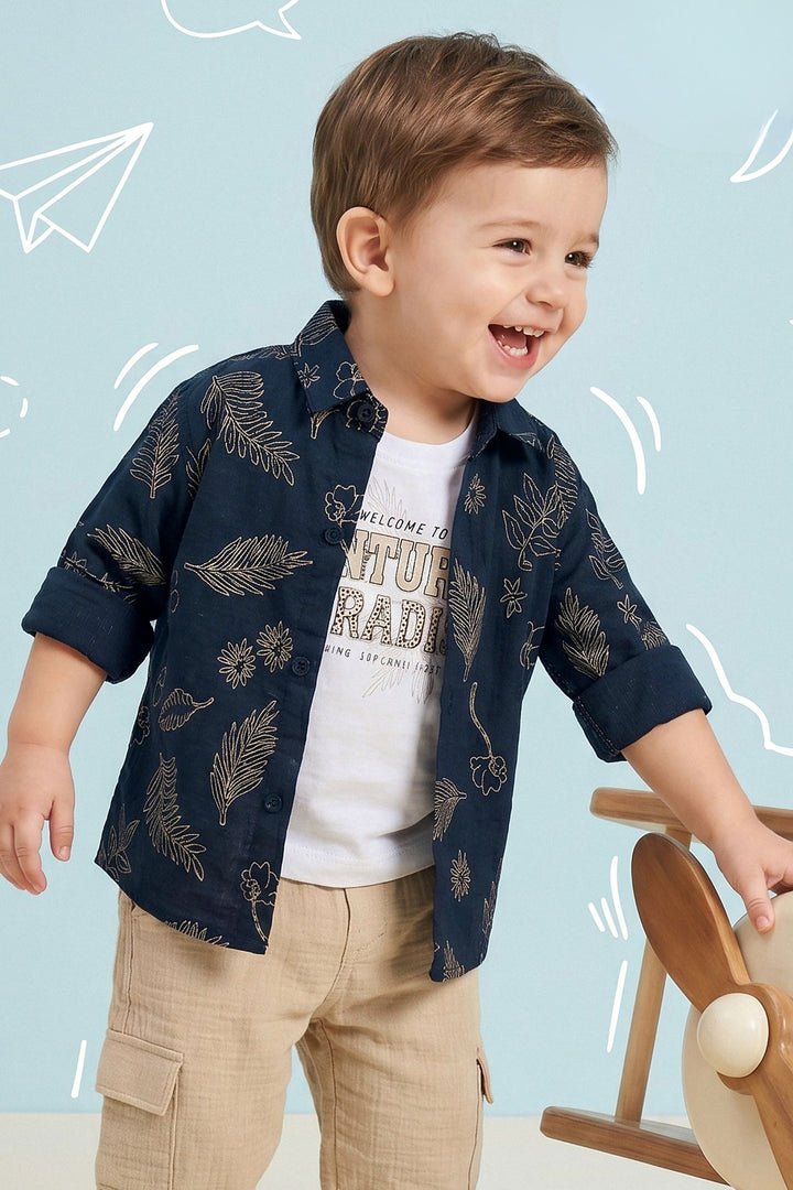 Navy Blue with White Printed Blazer, T-Shirt and Beige Pant Set for Boys