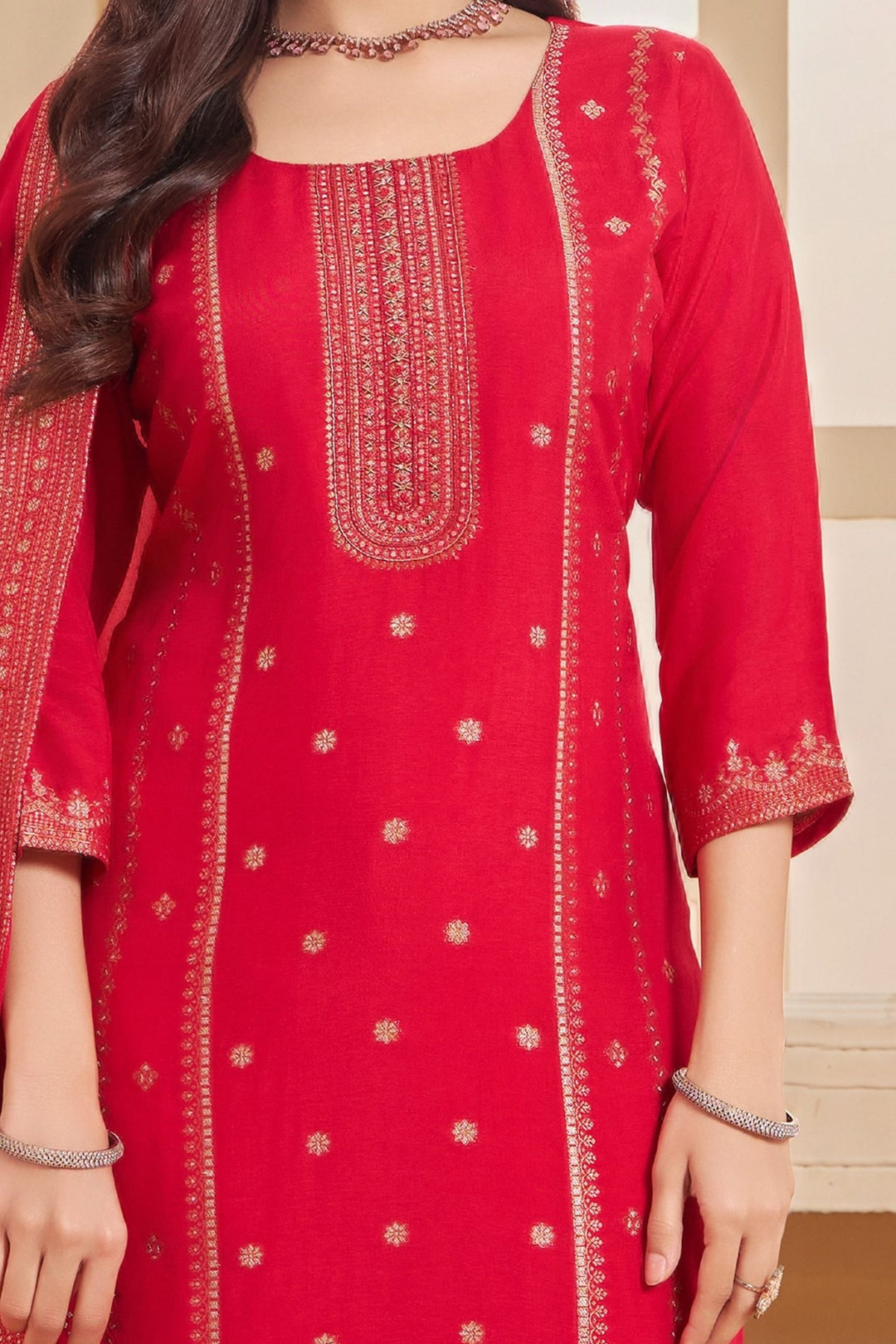 Red Banaras, Beads, Sequins, Stone, Zari and Zardozi work Straight Cut Salwar Suit