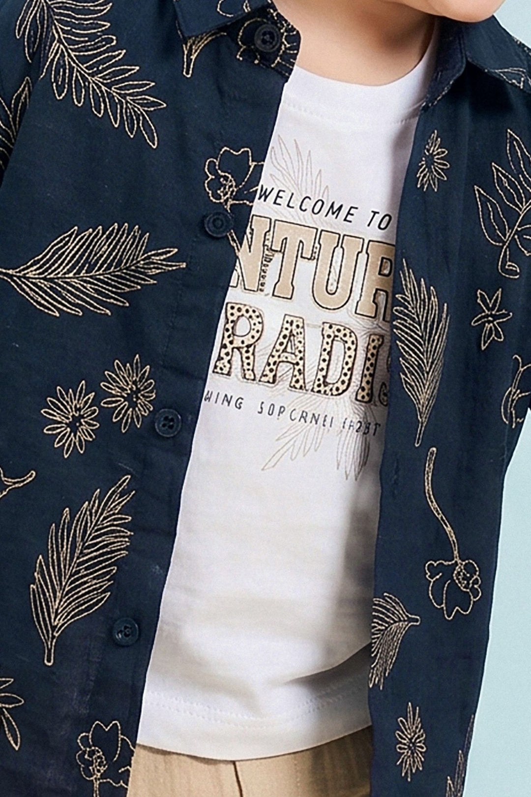 Navy Blue with White Printed Blazer, T-Shirt and Beige Pant Set for Boys