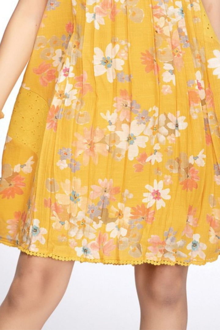 Girls Pleated Floral Casual Frock with Sequin Yoke
