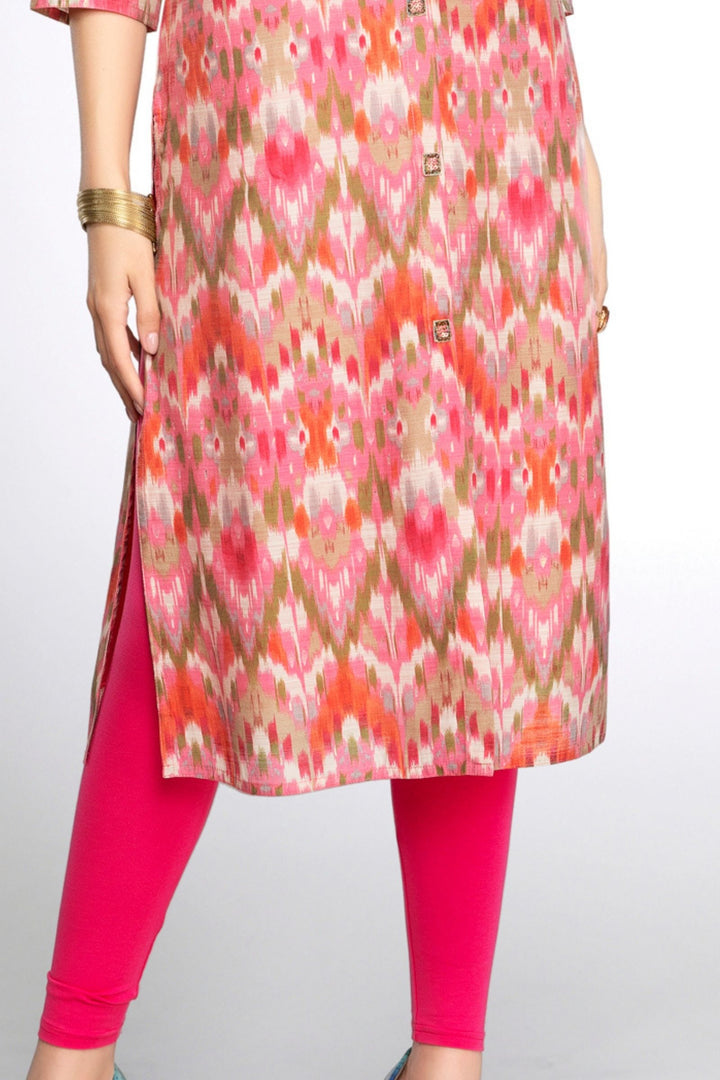 Pink Beads and Sequins work with Multicolor Digital Print A-line Cut Calf Length Kurti