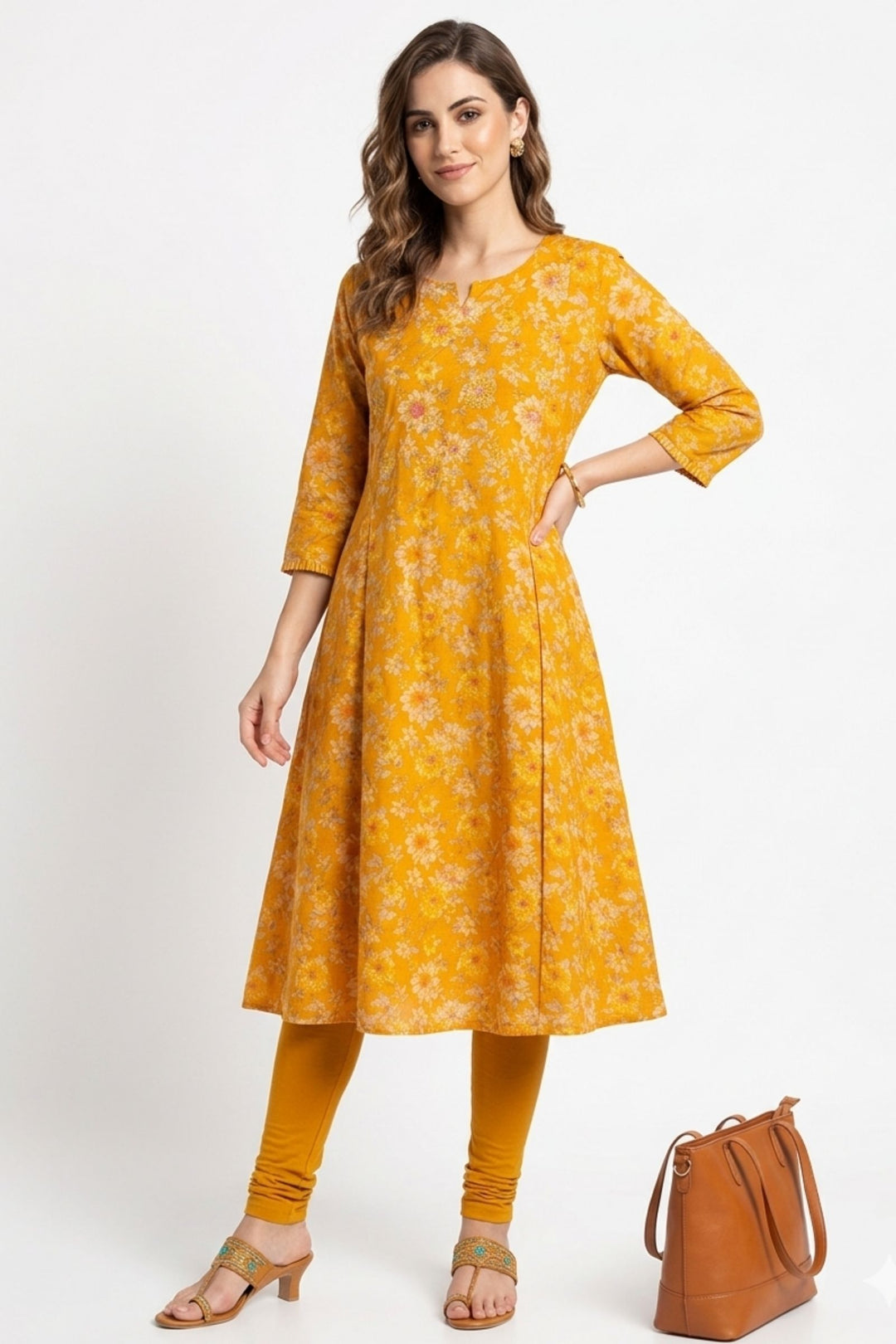Yellow Embroidery, Stone and Zari work with Floral Print A-Line Cut Calf Length Kurti