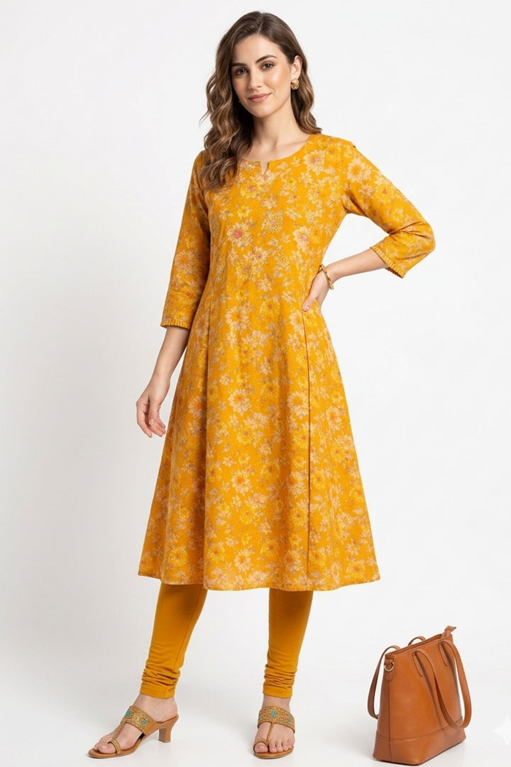 Yellow Embroidery, Stone and Zari work with Floral Print A-Line Cut Calf Length Kurti