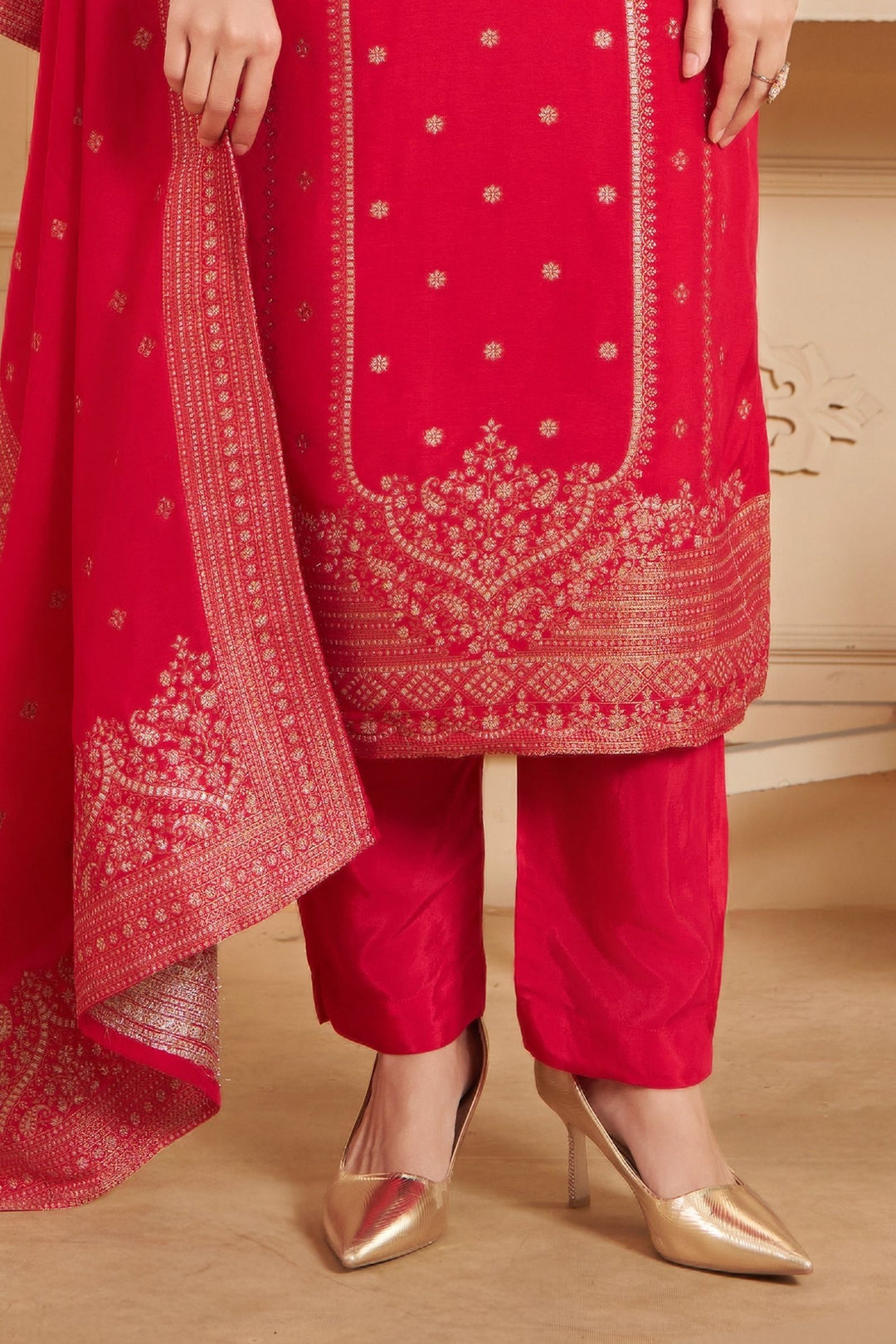 Red Banaras, Beads, Sequins, Stone, Zari and Zardozi work Straight Cut Salwar Suit