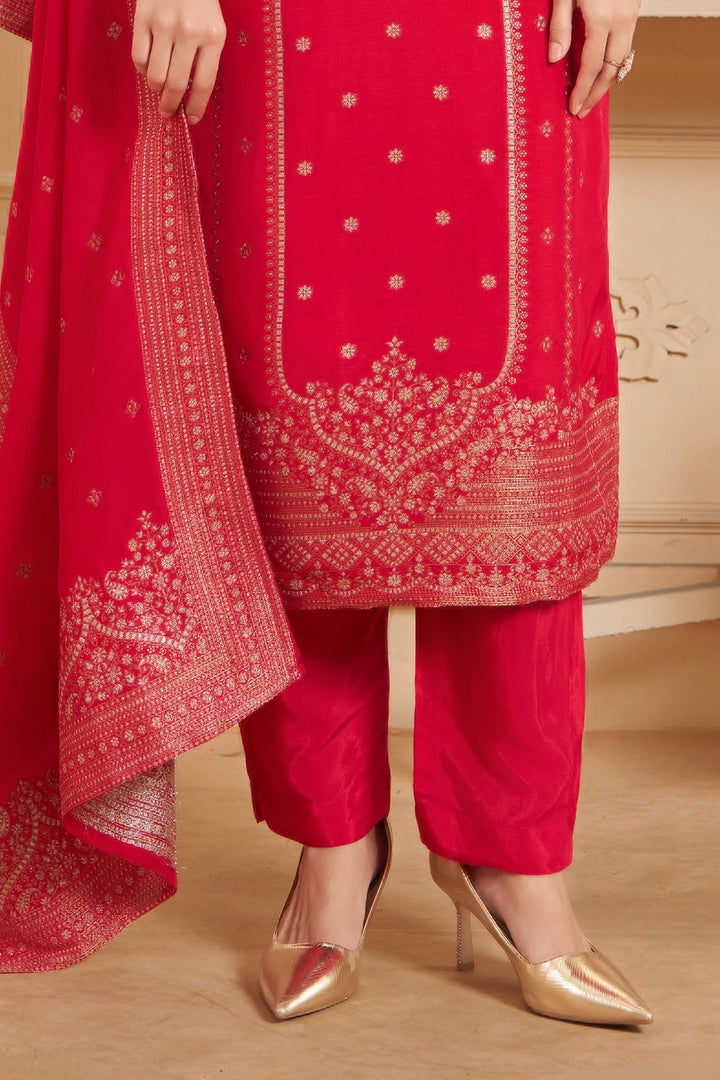 Red Banaras, Beads, Sequins, Stone, Zari and Zardozi work Straight Cut Salwar Suit