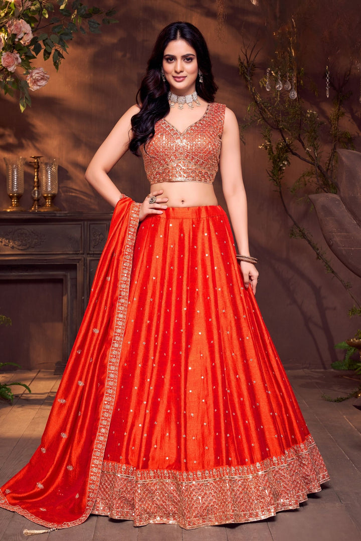 Orange Sequins and Zari work Crop Top Lehenga