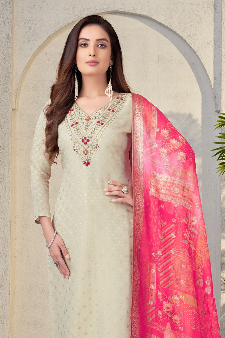 Cream Banaras, Beads, Sequins and Thread work Straight Cut Salwar Suit