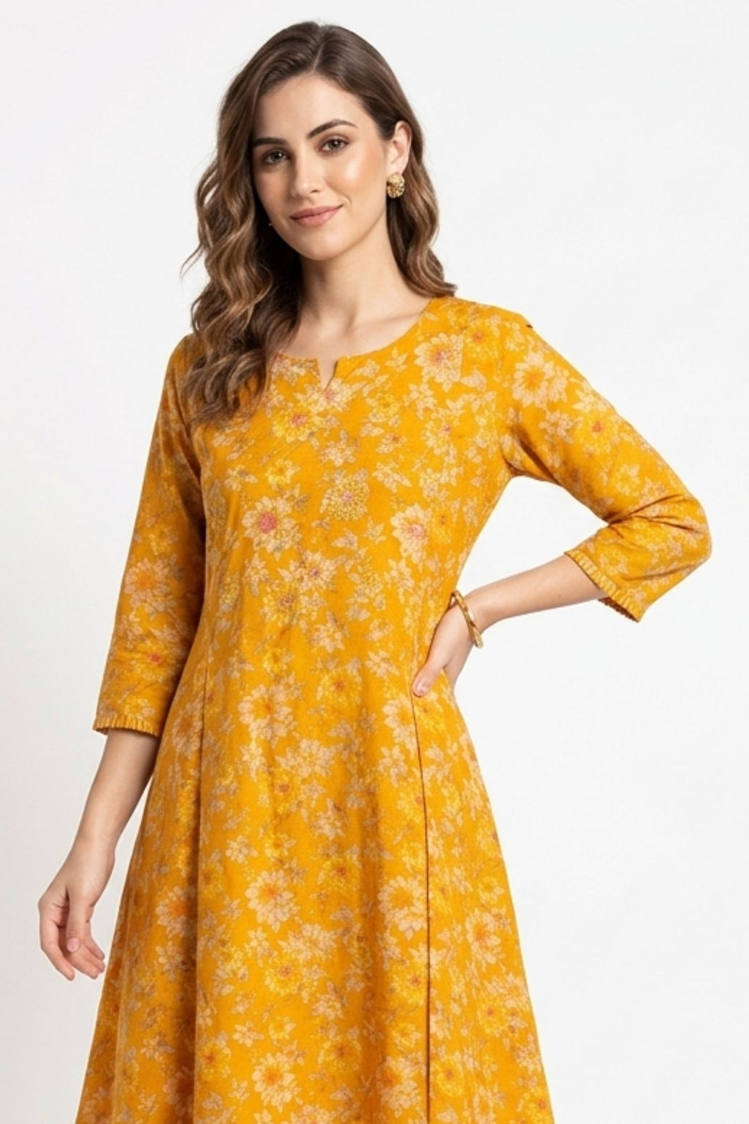 Yellow Embroidery, Stone and Zari work with Floral Print A-Line Cut Calf Length Kurti