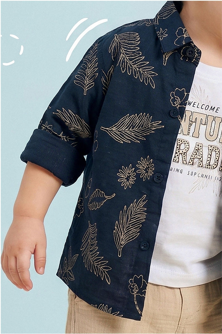Navy Blue with White Printed Blazer, T-Shirt and Beige Pant Set for Boys