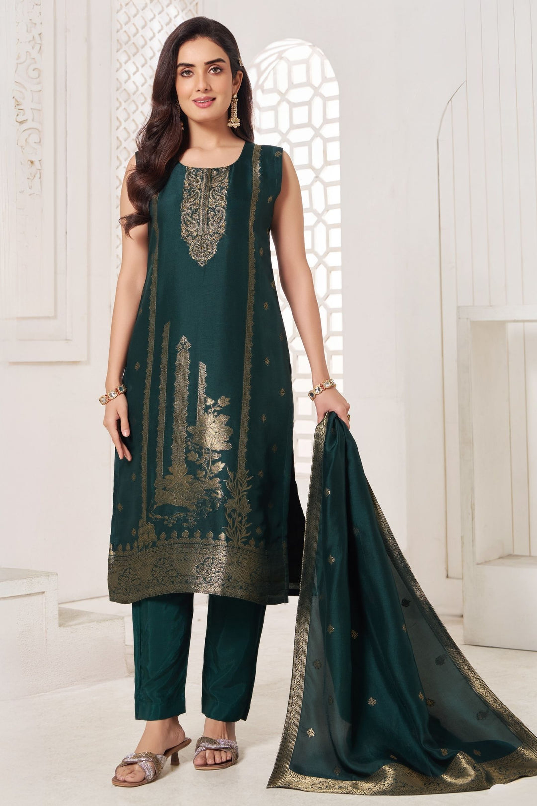 Bottle Green Beads, Zardozi, Banaras and Zari work Straight Cut Salwar Suit