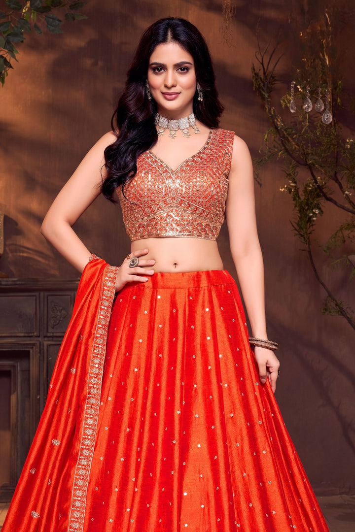 Orange Sequins and Zari work Crop Top Lehenga