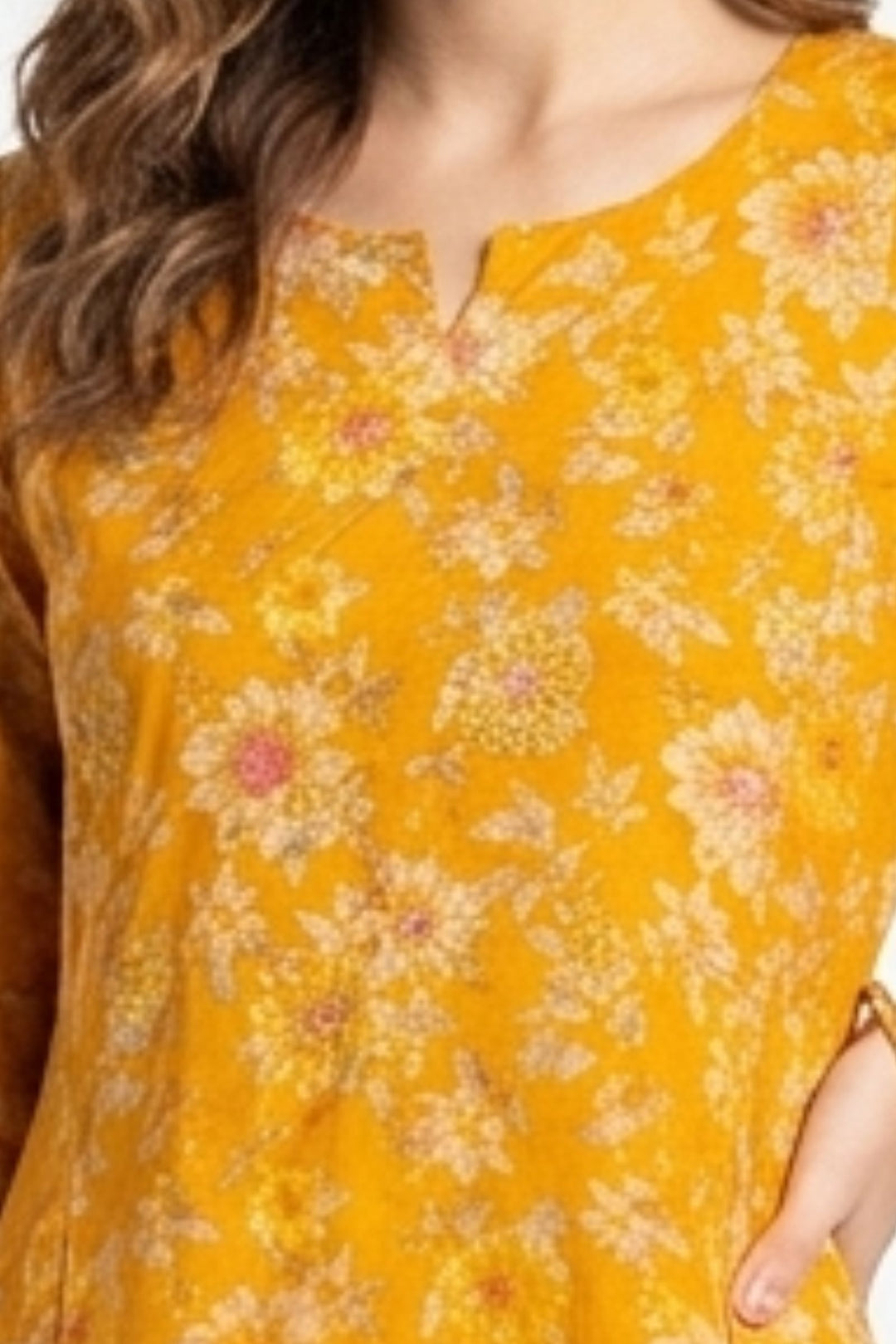 Yellow Embroidery, Stone and Zari work with Floral Print A-Line Cut Calf Length Kurti