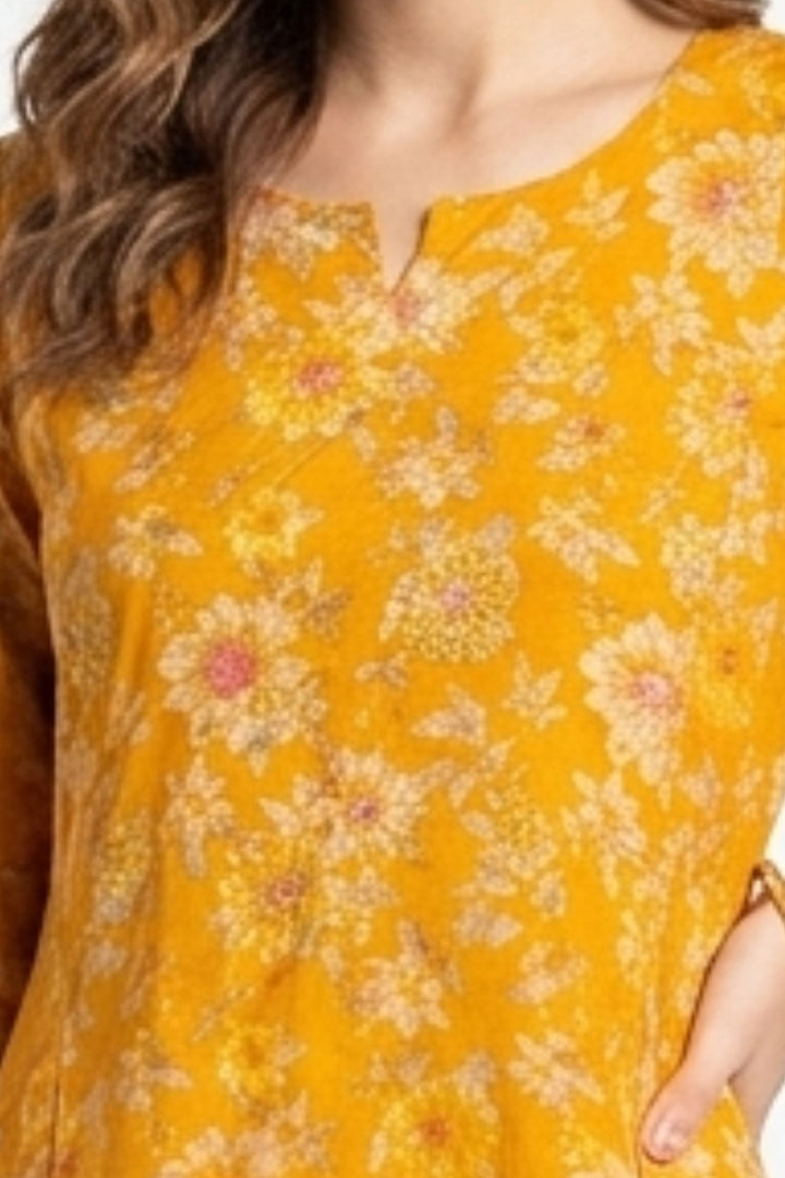 Yellow Embroidery, Stone and Zari work with Floral Print A-Line Cut Calf Length Kurti