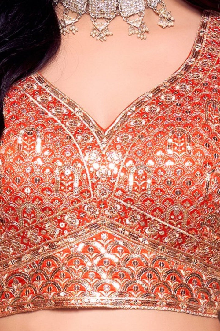 Orange Sequins and Zari work Crop Top Lehenga