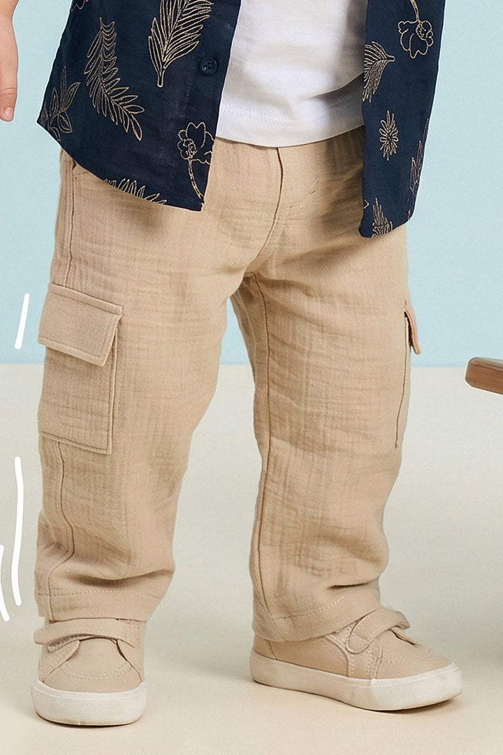 Navy Blue with White Printed Blazer, T-Shirt and Beige Pant Set for Boys