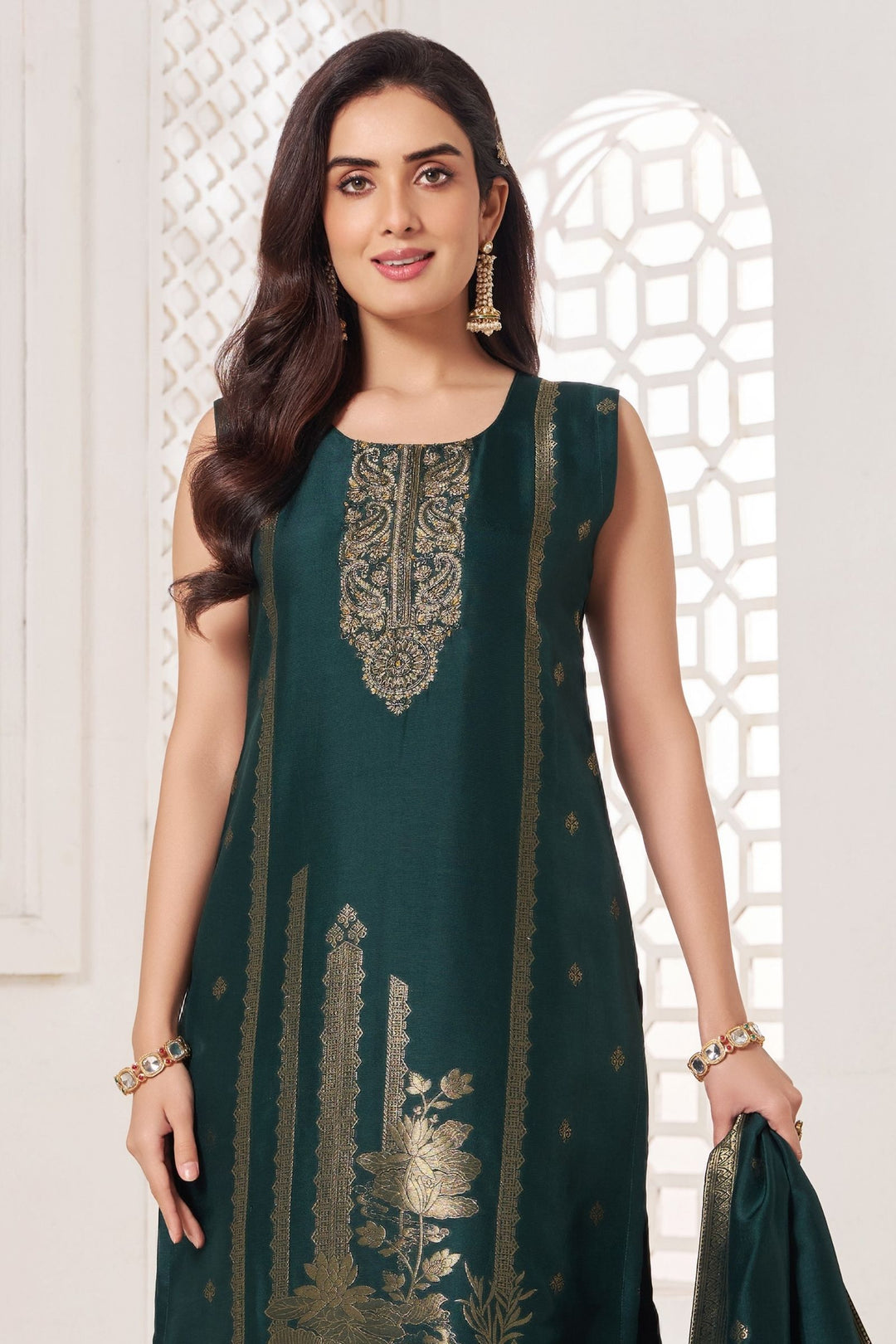Bottle Green Beads, Zardozi, Banaras and Zari work Straight Cut Salwar Suit