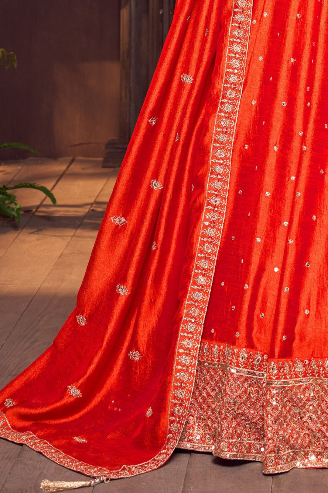 Orange Sequins and Zari work Crop Top Lehenga