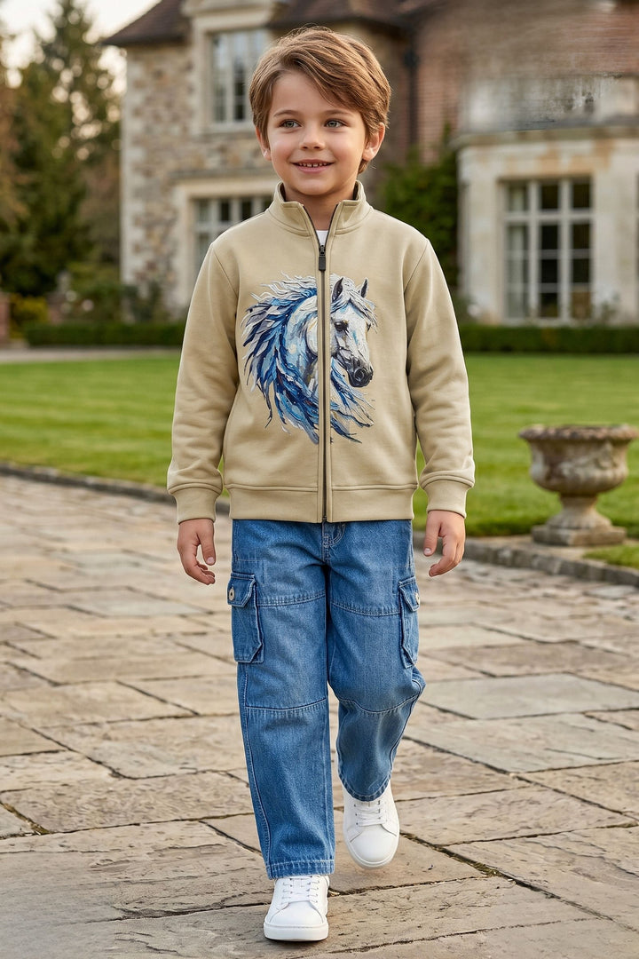 Beige Blazer, Printed T-Shirt and Blue Pant Set for Boys