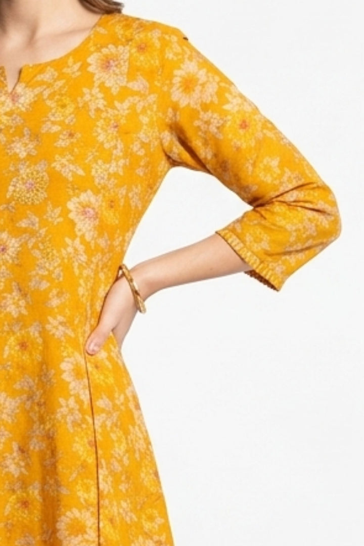 Yellow Embroidery, Stone and Zari work with Floral Print A-Line Cut Calf Length Kurti