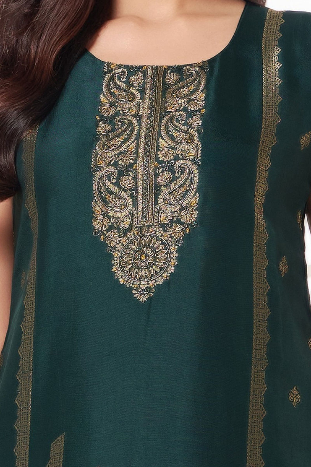 Bottle Green Beads, Zardozi, Banaras and Zari work Straight Cut Salwar Suit
