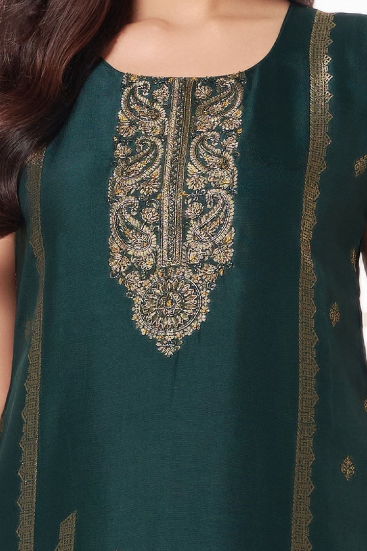 Bottle Green Beads, Zardozi, Banaras and Zari work Straight Cut Salwar Suit