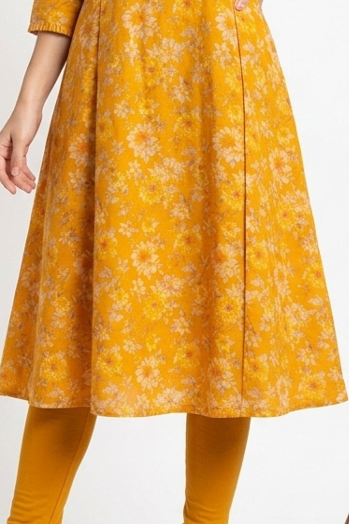 Yellow Embroidery, Stone and Zari work with Floral Print A-Line Cut Calf Length Kurti